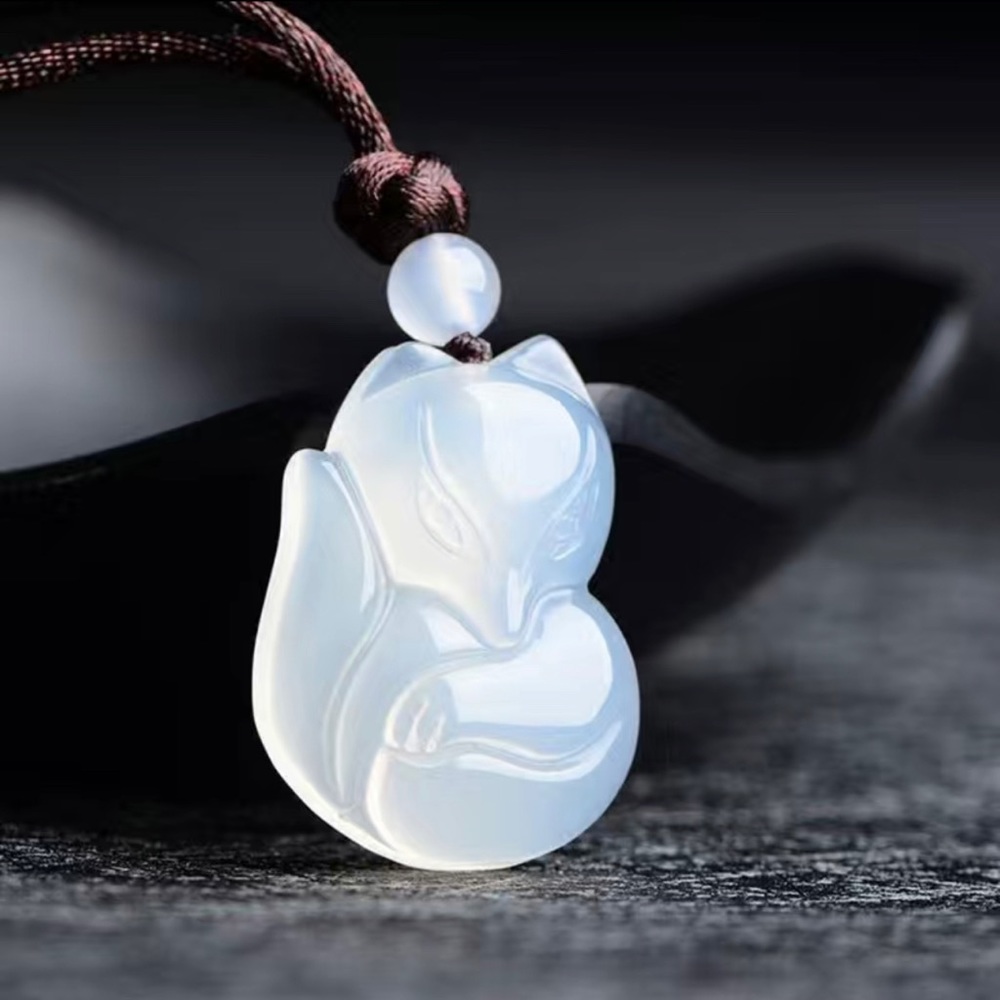 Gorgeous Smooth White Fox Agate Pendant on a Woven Rope Lucky